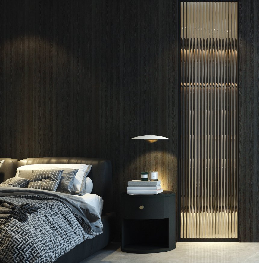 Admira product inspiration interior with dark textured surfaces and a sculptural feature wall